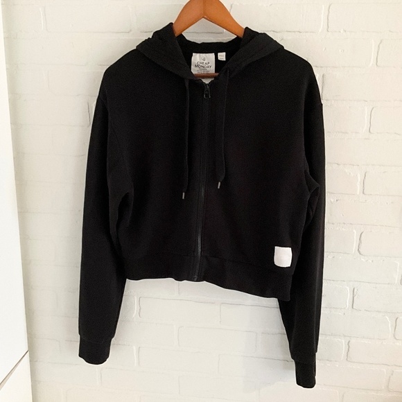 ASOS Cheap Monday Women’s Hoodie Full zip Black White Crop Chunky rope Cotton M - Picture 1 of 13
